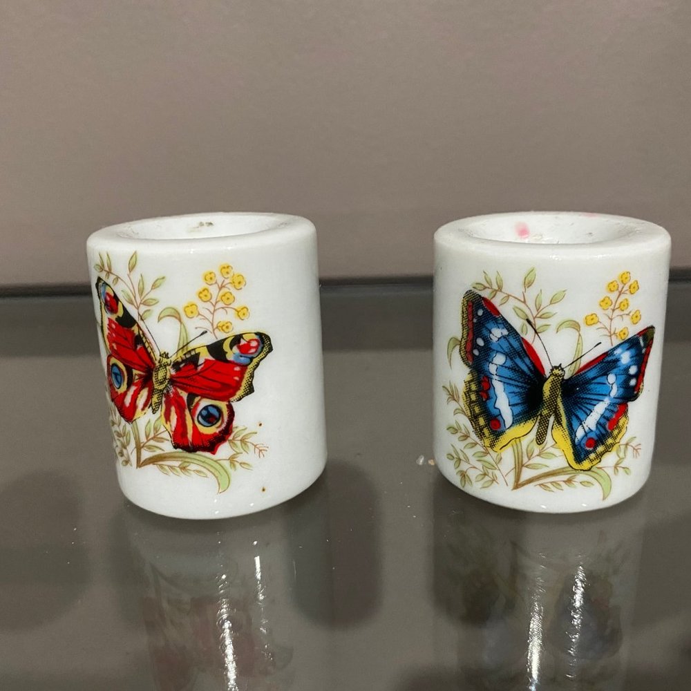 Vintage BUTTERFLIES Porcelain Ceramic Handpainted Japan Pair of Candle Holders